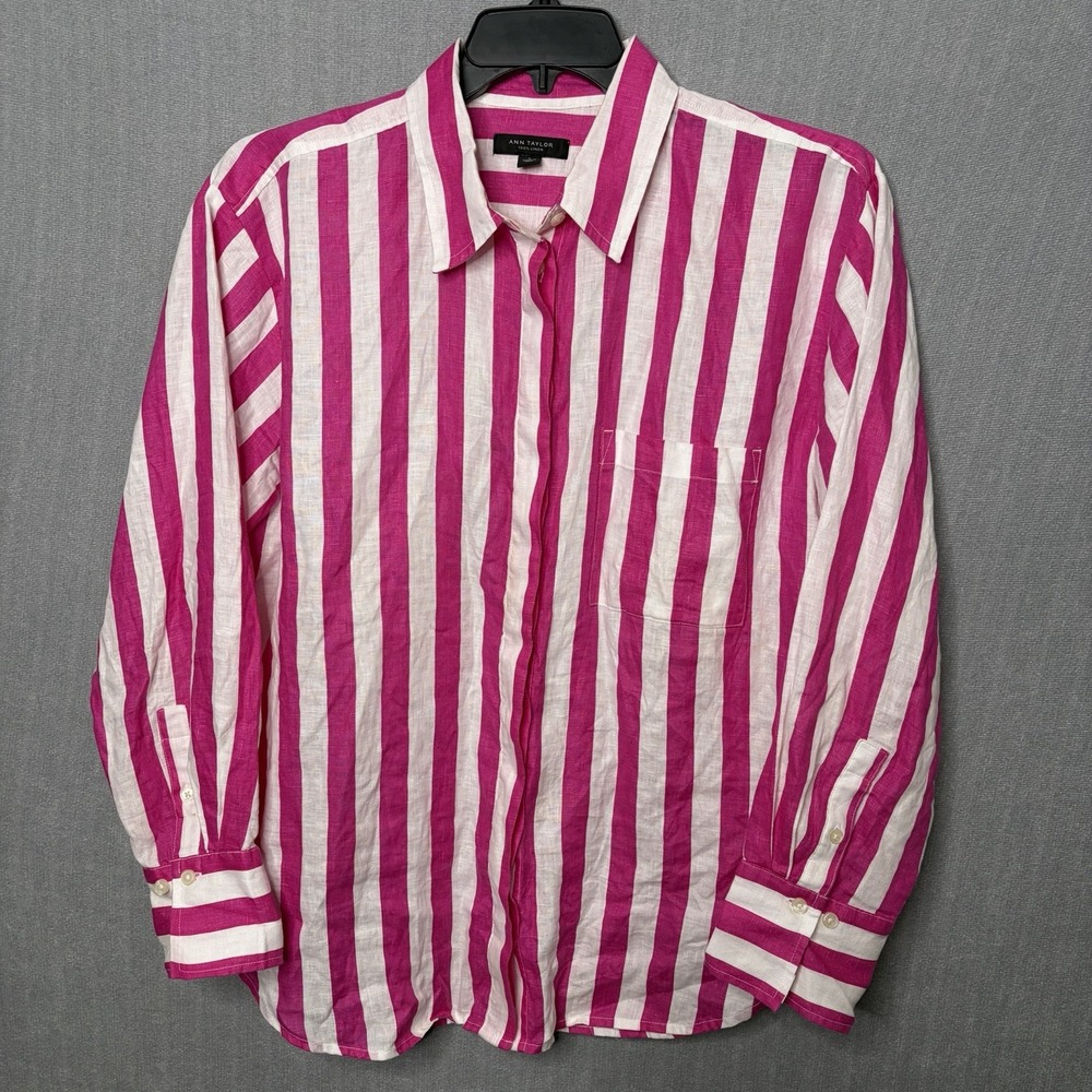 Ann Taylor Womens 100% Linen Pink White Striped Collared Button-Up Shirt L Beach